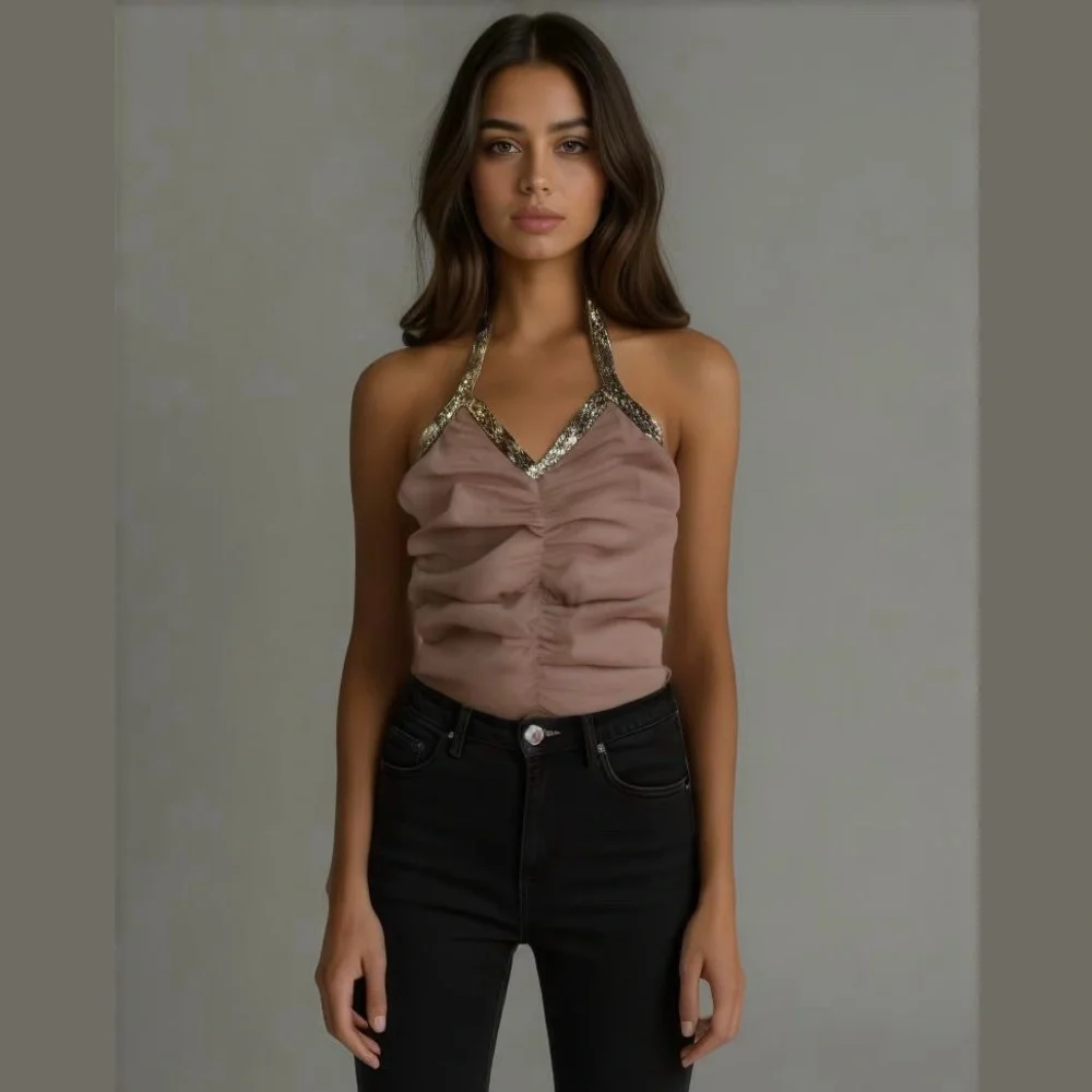 LaROK Cashmere Halter Top Size Medium Dusty Pink Mauve Sequin Trim Ruching NWOT - Picture 1 of 12